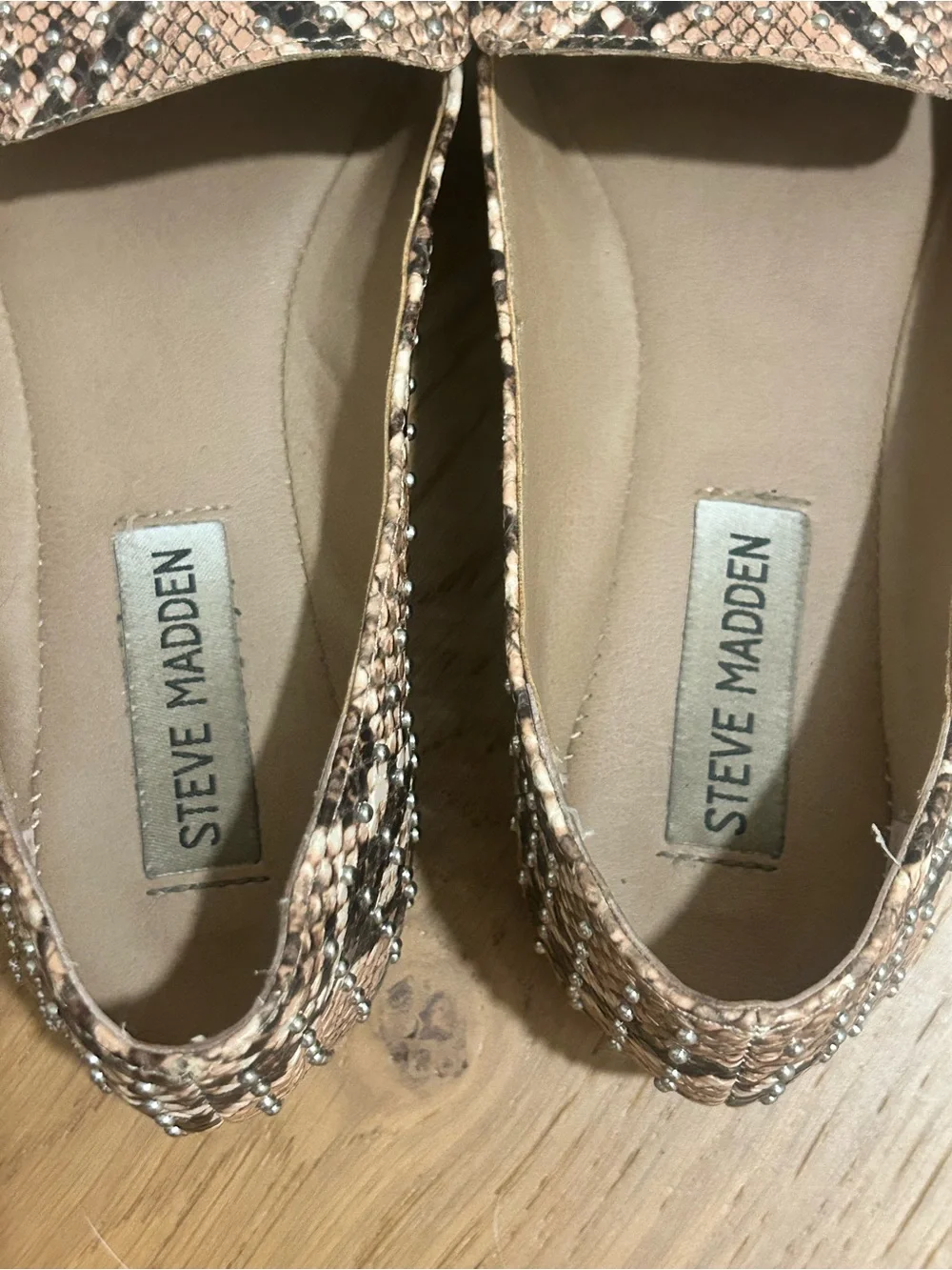 Steve Madden Pointed Snake-Print Flats in Beige and Black